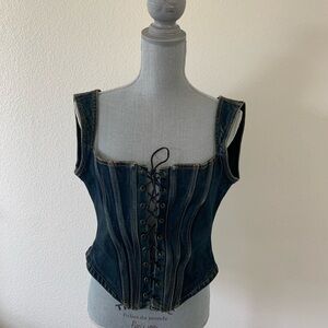 Bebe Blue Distressed Denim Lace Up Vest Corset Top Size XS